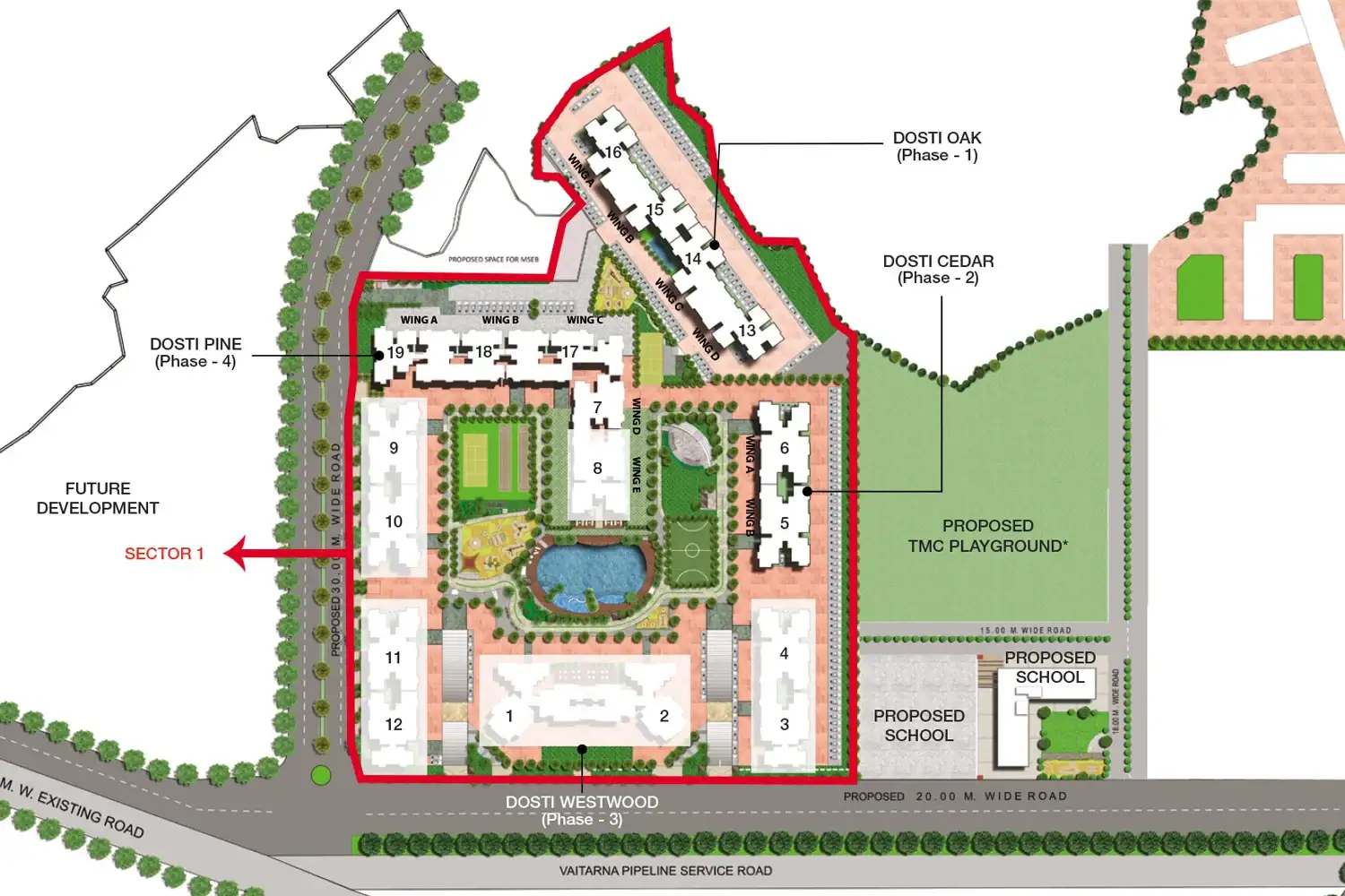  The master plan layout of Dosti West County, showcasing the well-organized residential blocks, amenities, and green spaces, emphasizing the comprehensive planning of the Dosti West County Thane development.